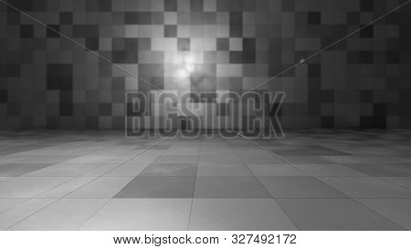Empty Windowless Interior, Wall And Floor Made Of Tiles. 3d Illustration
