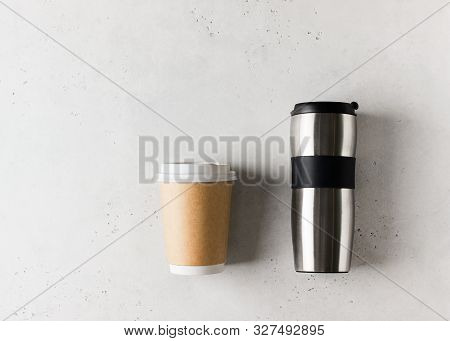 Zero Waste Concept With Cup Mug Coffe To Go Metal And Paper On White Or Grey Background, Copy Space
