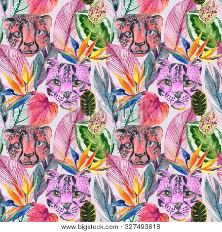 Bright Watercolor Tropical Botanical Illustration With Colorful Flowers, Leaves, Wild Animal Heads.