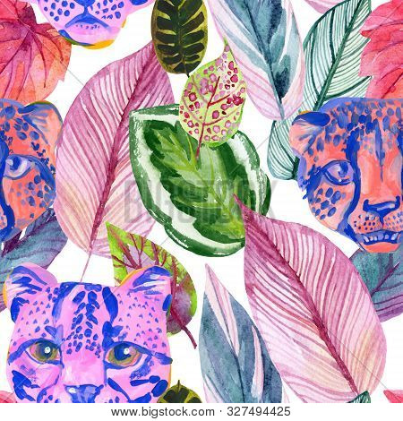 Bright Watercolor Tropical Botanical Illustration With Colorful Leaves And Wild Animal Heads.