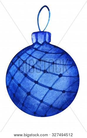 Decorative Element. Christmas Ball. Christmas Tree Toy. Blue Glass Ball In Cobolt Mesh. Hand Drawn W