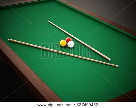 3 Cushion Billiards Table And Balls With Pool Cue. 3d Illustration.