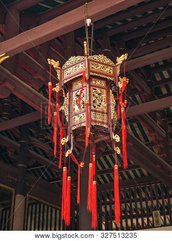 Chinese Red Lantern On The Ceiling In The Chinese Temple