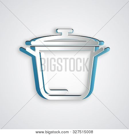 Paper Cut Cooking Pot Icon Isolated On Grey Background. Boil Or Stew Food Symbol. Paper Art Style. V