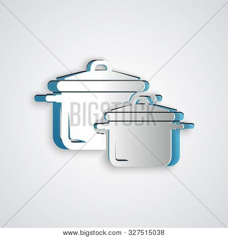 Paper Cut Cooking Pot Icon Isolated On Grey Background. Boil Or Stew Food Symbol. Paper Art Style. V