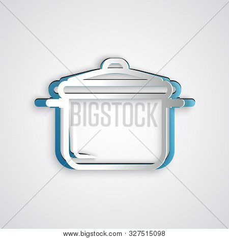 Paper Cut Cooking Pot Icon Isolated On Grey Background. Boil Or Stew Food Symbol. Paper Art Style. V