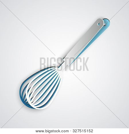 Paper Cut Kitchen Whisk Icon Isolated On Grey Background. Cooking Utensil, Egg Beater. Cutlery Sign.