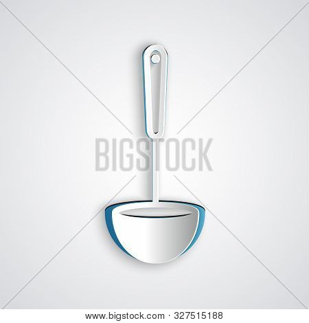 Paper Cut Kitchen Ladle Icon Isolated On Grey Background. Cooking Utensil. Cutlery Spoon Sign. Paper