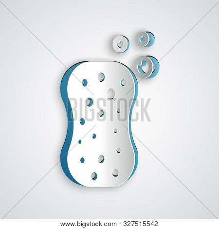Paper Cut Sponge With Bubbles Icon Isolated On Grey Background. Wisp Of Bast For Washing Dishes. Cle