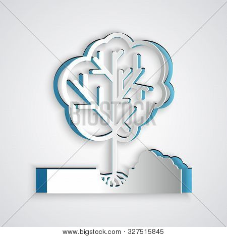 Paper Cut Planting A Tree In The Ground Icon Isolated On Grey Background. Gardening, Agriculture, Ca
