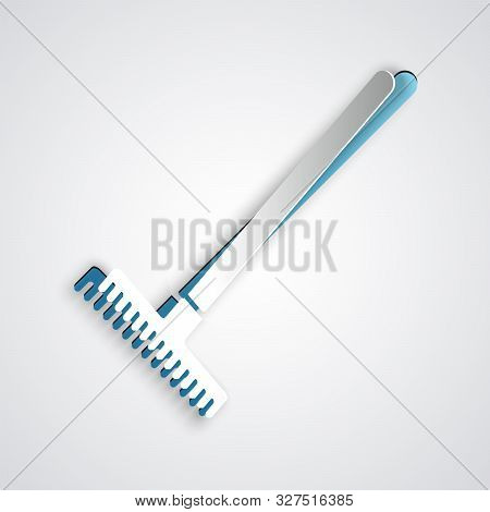 Paper Cut Garden Rake Icon Isolated On Grey Background. Tool For Horticulture, Agriculture, Farming.