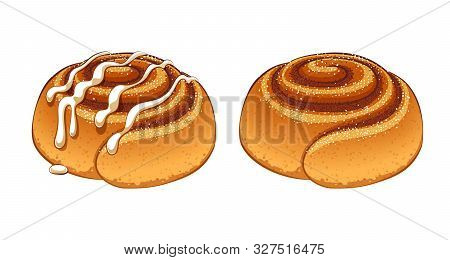 Cinnamon Rolls With Sugar Icing Set In Cartoon Style Vector Illustration.