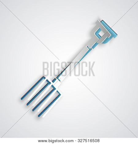Paper Cut Garden Pitchfork Icon Isolated On Grey Background. Garden Fork Sign. Tool For Horticulture