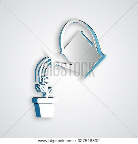Paper Cut Watering Can Sprays Water Drops Above Flower In Pot Icon Isolated On Grey Background. Irri