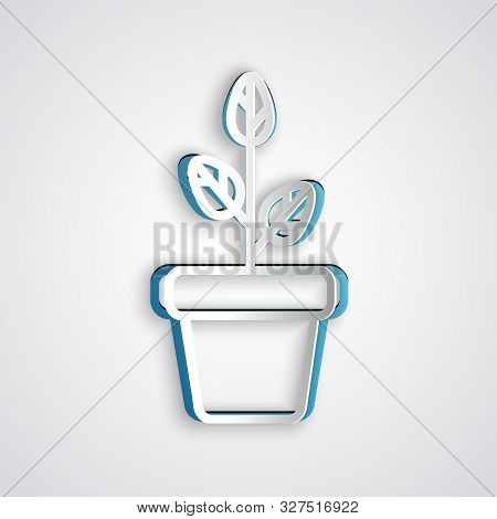 Paper Cut Flowers In Pot Icon Isolated On Grey Background. Plant Growing In A Pot. Potted Plant Sign