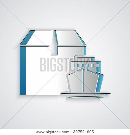 Paper Cut Cargo Ship With Boxes Delivery Service Icon Isolated On Grey Background. Delivery, Transpo