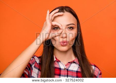 Close-up Portrait Of Her She Nice Attractive Coquettish Cheerful Cheery Straight-haired Girl Showing