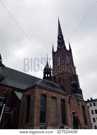 Beautiful View Of The Riddarholmen Church In The Historical Center Of The Stockholm.