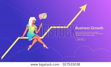 Woman Using Mobile App For Online Banking And Business Growing. Concept Vector Illustration Of Girl 