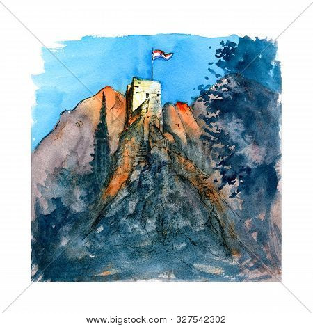 Watercolor Sketch Of Mirabella Fortress Or Peovica In Omis, Very Popular Tourist Town In Croatia At 