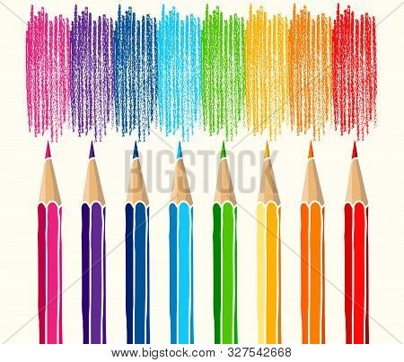 Colored Pencils Set And Hatch Marks. Hand Drawn Vector Doodle Illustration. Colorful Crayons Isolate