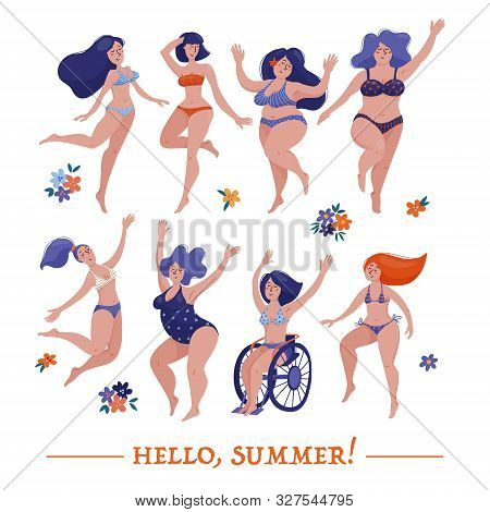 Set Of Various Women, Slim, Chubby And Plus Size, Dancing Happily In Bikini, Swimsuits, Body Positiv