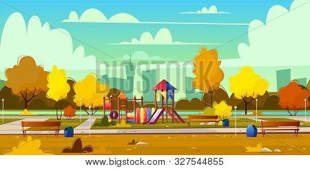 Background Of Cartoon Playground In Park At Fall. Autumn Landscape With Yellow Trees, Plants And Bus