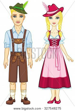 Animation Portrait Of The Bavarian Family Ancient Traditional Clothes. Full Growth. The Vector Illus