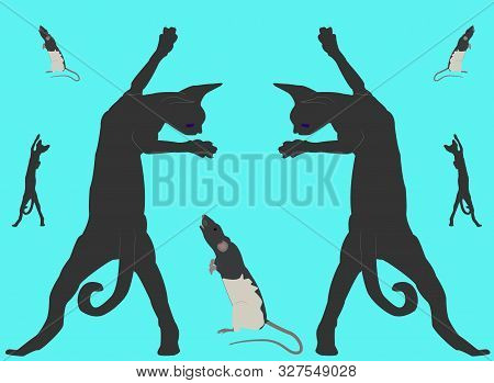 Seamless Pattern With Canadian Sphinxes And A Black And White Rat Dumbo On A Turquoise Background