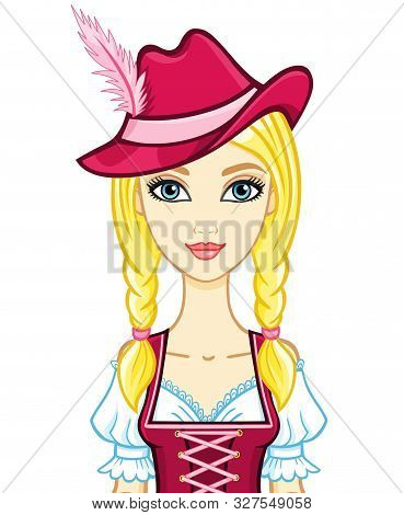 Animation Portrait Young Girl In An Ancient Bavarian Dress.vector Illustration Isolated On A White B