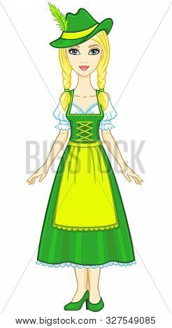 Animation Young Girl In An Ancient Bavarian Dress And A Hat. Full Growth. The Vector Illustration Is