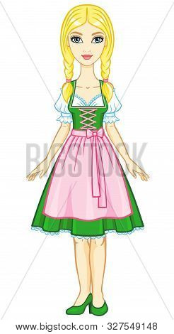 Animation Girl In Ancient Bavarian Dress . The Vector Illustration Isolated On A White Background.