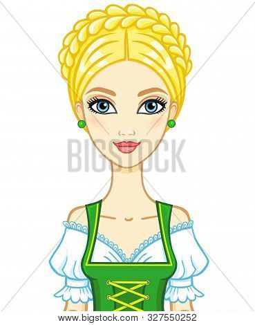 Animation Portrait Young Girl In An Ancient Bavarian Dress.vector Illustration Isolated On A White B