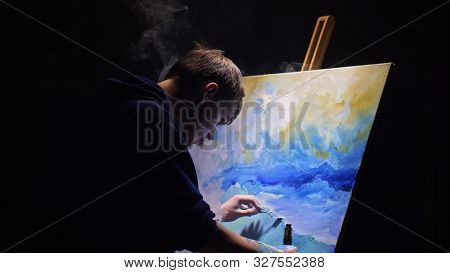 Artist Copyist Paint Seascape With Ship In Ocean. Vaper Smoke Vape E-cigarette. Craftsman Decorator 