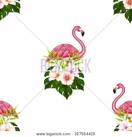 Sealess Pattern With Hand-drawn Illustration Of Pink Flamingo, Hibiscus, Palm Tree, Rose And Green L