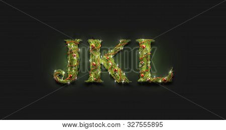 Decorative J K L Letters, Xmas Font Mockup In Darkness, 3d Rendering. Empty Character Ornament Mock 