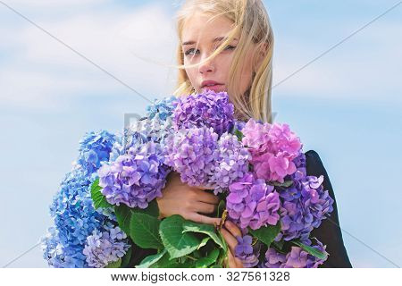 Allergy Free Life. Stop Allergy Blooming Season. Girl Tender Blonde Hold Hydrangea Bouquet. Springti