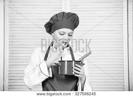 Butter Cream. Use Hand Whisk. Woman Chef Hold Whisk And Pot. Girl In Apron Whipping Eggs Or Cream. S