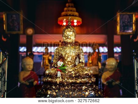 Face Of Golden Buddha, Golden Image Of Buddha Inside The Temple