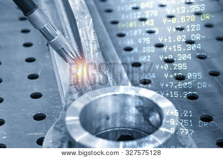 The Abstract Scene Of Robotic Arm Welding Machine And The Coordinate Data Background. The Hi Technol