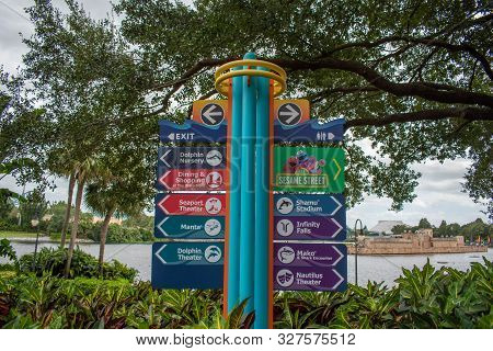 Orlando, Florida. September 21, 2019. Sesame Street And Attraction Sign At Seaworld 154