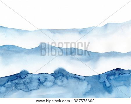 Watercolor Blue Winter Snowing Background, Look Like Wave And Sea. Original Painting On Watercolour 