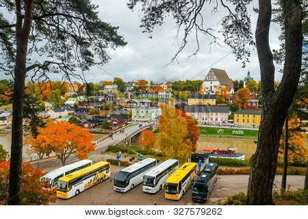 Porvoo, Finland - 2 October 2019: View Of Old Porvoo, Finland. Beautiful City Autumn Landscape With 