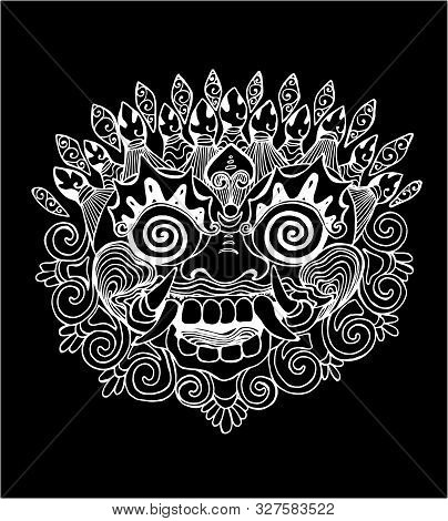 Iilustration Of A Thai Mask. Black And White Drawing Of The Eastern Deity. Chalk On A Blackboard.