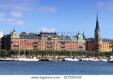 Stockholm City Skyline In Sweden. Strandvagen Waterfront In Ostermalm District.