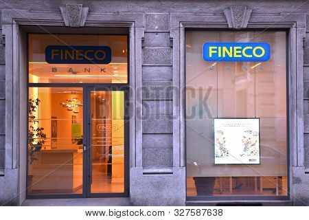 Milan, Italy, 08.04.2019: Entrance, Front Of Fineco Center. Finecobank Banca Fineco Spa, Known As Fi