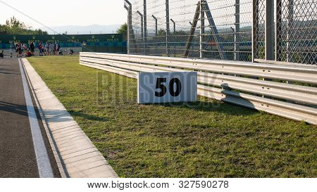 Mogyorod Hungary 08 01 2019 A Fifty Kilometer Per Hour Warning Sign On A Hungaroringen Background Wi