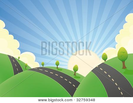 Estrada de paisagem desenho animado no verão