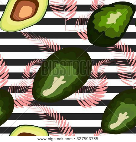 Seamless Pattern Of Avocado Fruits With Palm Leaves Dypsis Lutescens On A Striped Background.