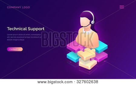 Technical Support Or Online Assistant Isometric Concept Vector Illustration. Female Figure In Headse